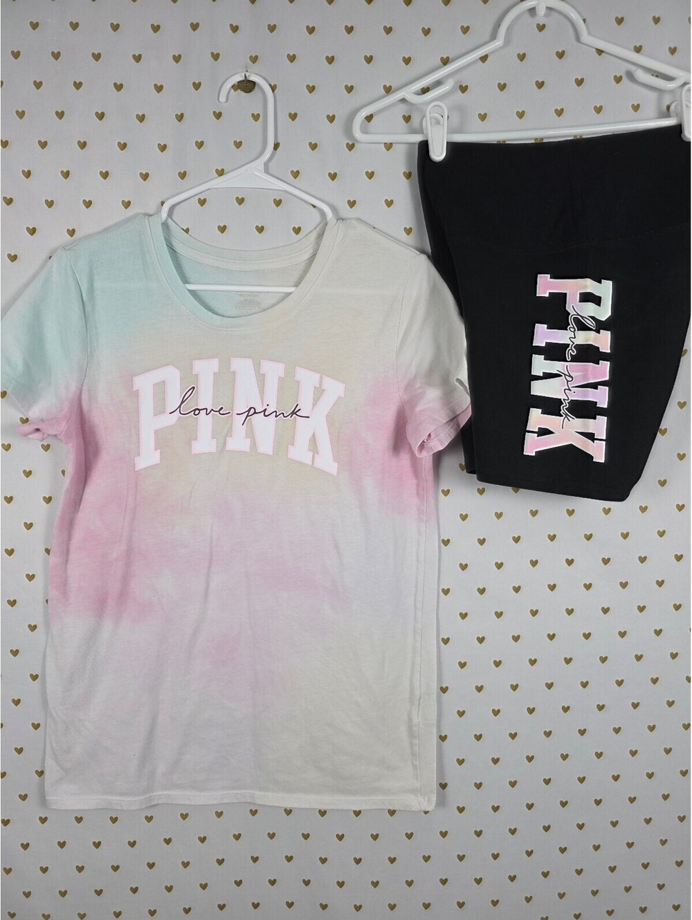 Victorias Secret PINK Watercolor Logo Bike Shorts Tee Shirt SET 2pc Outfit SM M
